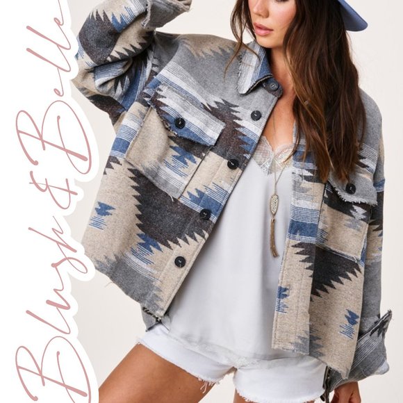 SANTA FE Teal Distressed Aztec Button Down Jacket - Picture 4 of 10